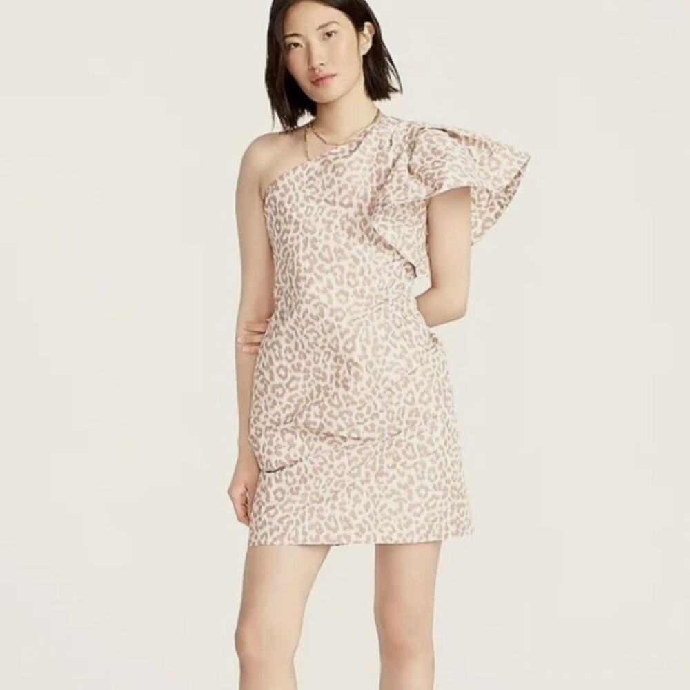 NWT J.Crew One-Shoulder Ruffle Mini Dress - Italian Ikat Leopard Print - Size 6